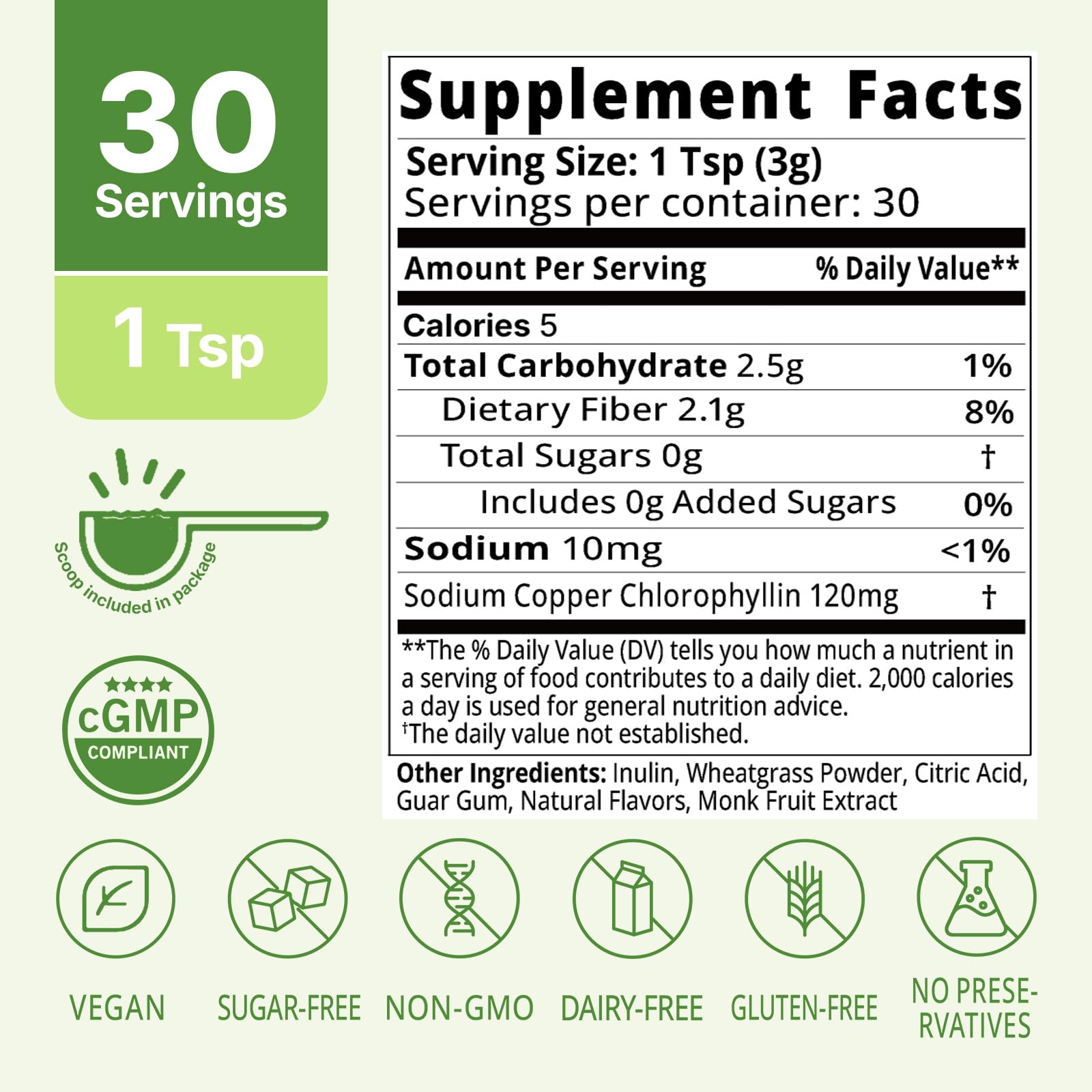 Lifebooil Chlorophyll Powder back label showing prebiotic inulin and wheatgrass ingredients list.