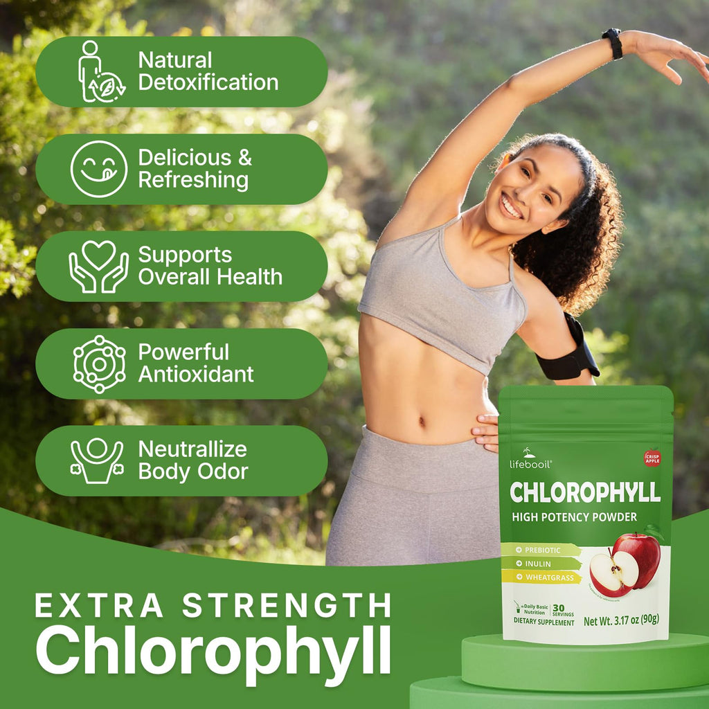 Lifebooil Chlorophyll High Potency Powder pouch standing up next to a glass of green detox drink.