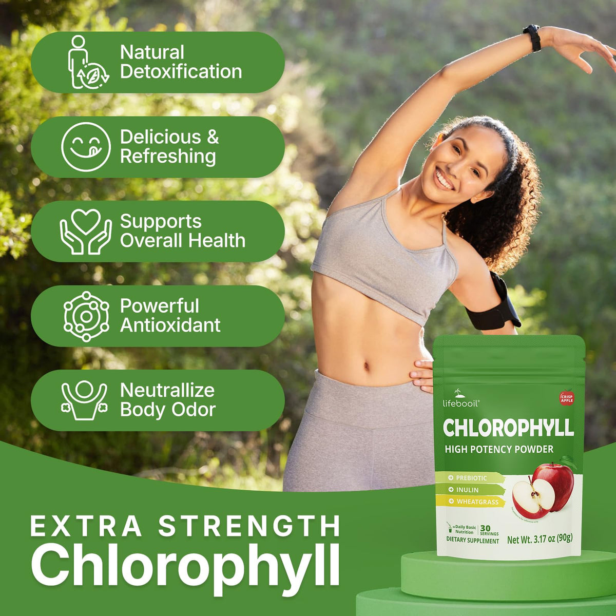 Lifebooil Chlorophyll High Potency Powder pouch standing up next to a glass of green detox drink.