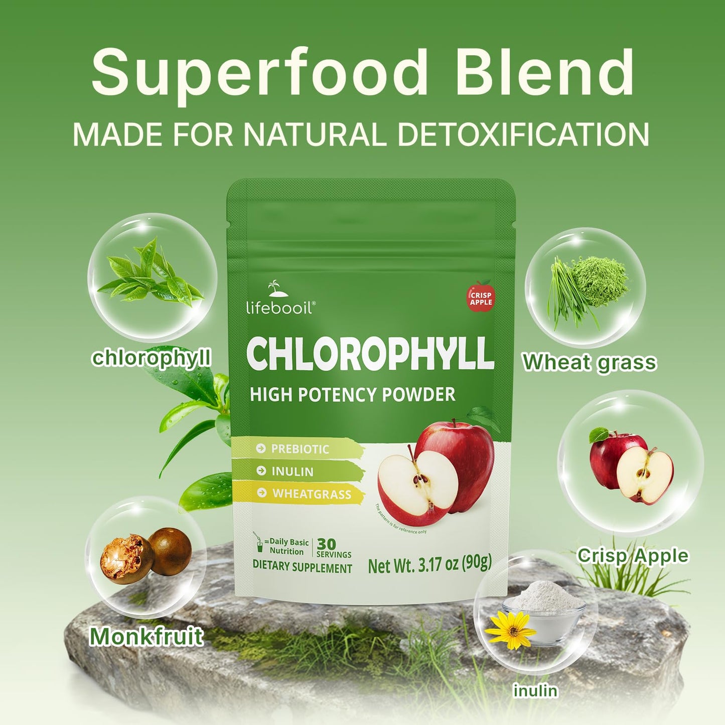 Lifebooil Chlorophyll Powder packaging close up showcasing the 30 servings crisp apple label.