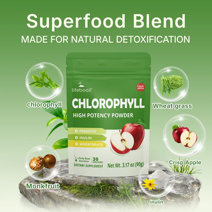Lifebooil Chlorophyll Powder packaging close up showcasing the 30 servings crisp apple label.