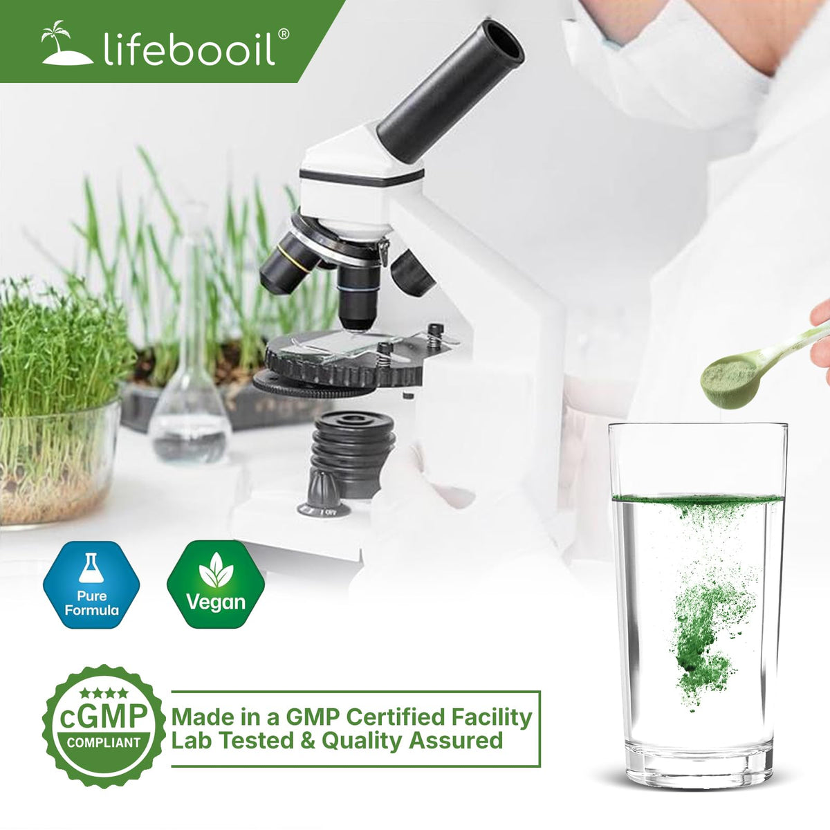 Lifebooil Chlorophyll Powder being scooped out of the bag for daily digestive support.