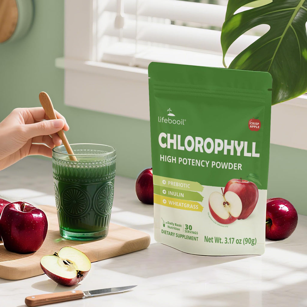 Lifebooil Chlorophyll High Potency Powder layout displaying the dairy free soy free and gluten free seals.
