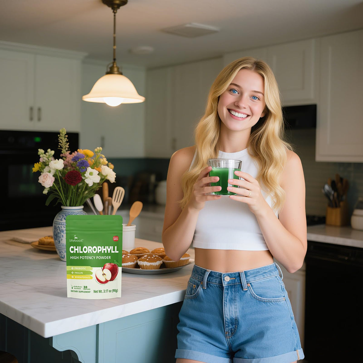 Lifebooil Chlorophyll Powder dietary supplement bag isolated on a clean background for premium ecommerce display.