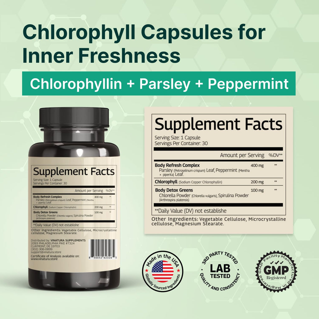 VINATURA Magic Chlorophyll Pills displaying the supplement facts and complete plant-based ingredient list.