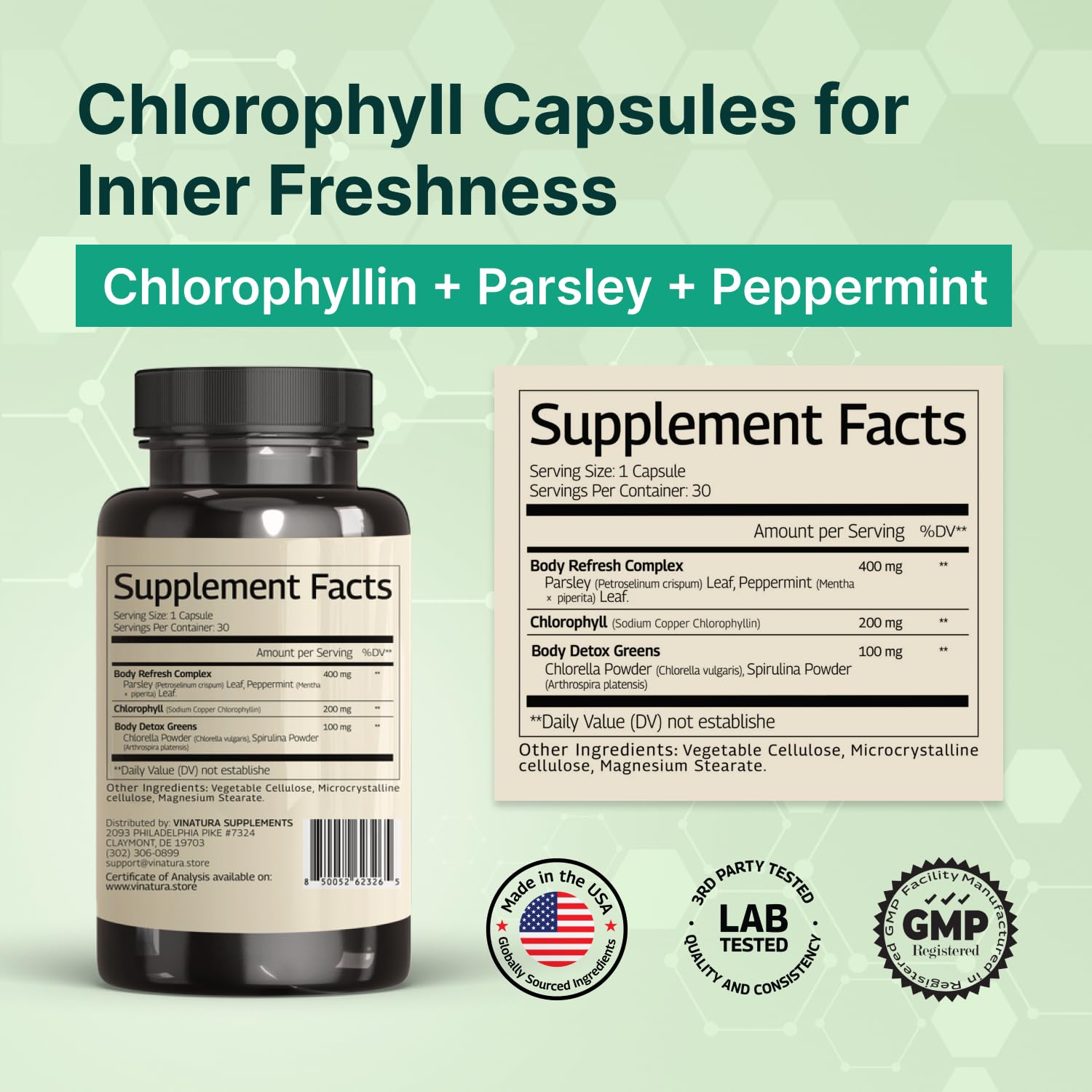 VINATURA Magic Chlorophyll Pills displaying the supplement facts and complete plant-based ingredient list.