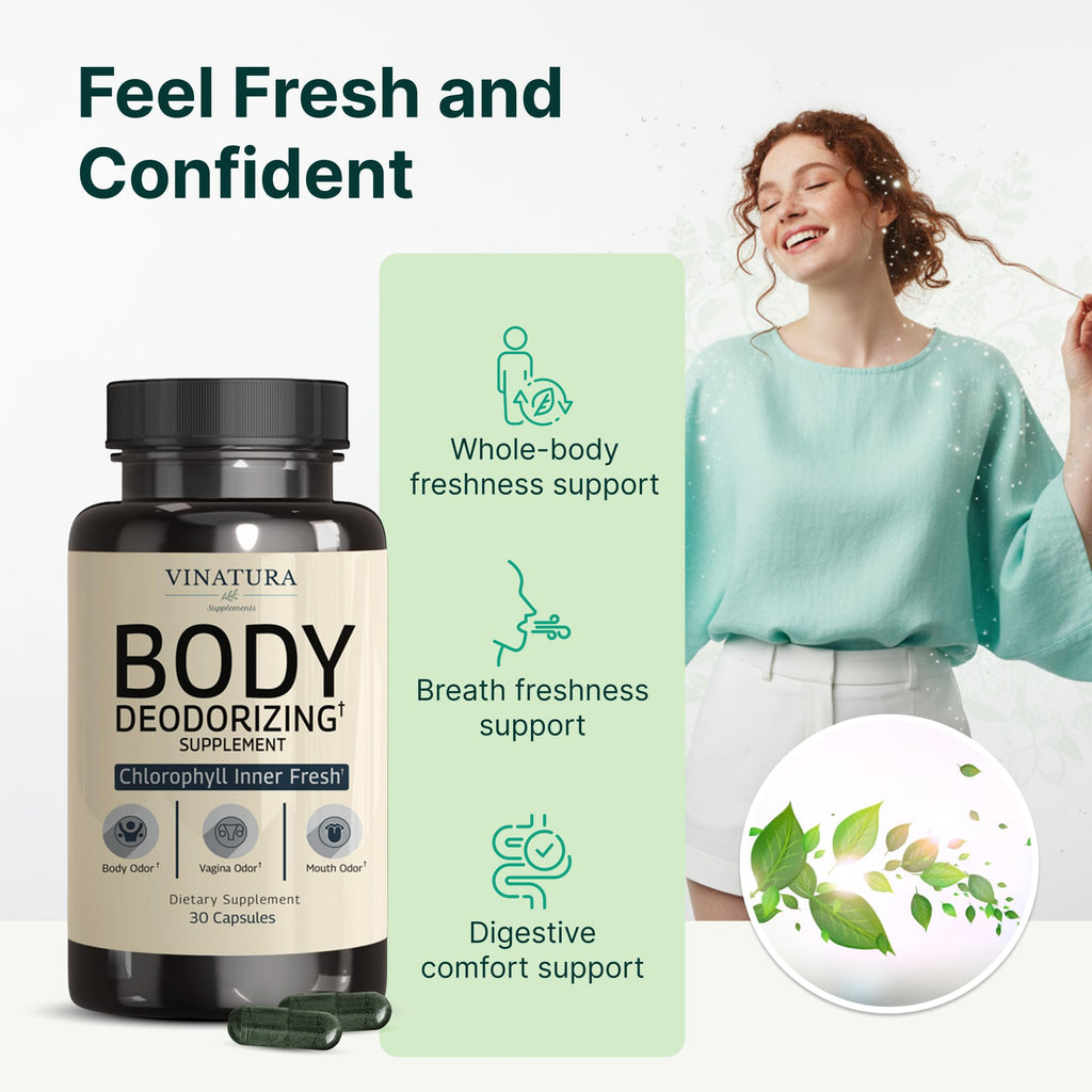 VINATURA internal body deodorant bottle next to natural parsley, peppermint leaves, and green algae illustrations.