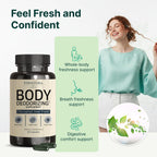 VINATURA internal body deodorant bottle next to natural parsley, peppermint leaves, and green algae illustrations.