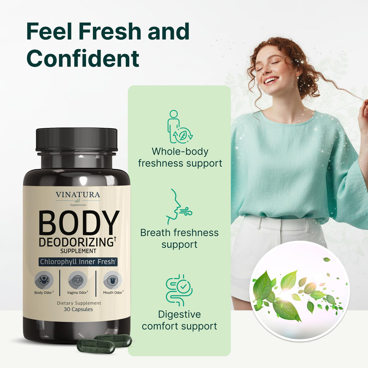 VINATURA internal body deodorant bottle next to natural parsley, peppermint leaves, and green algae illustrations.