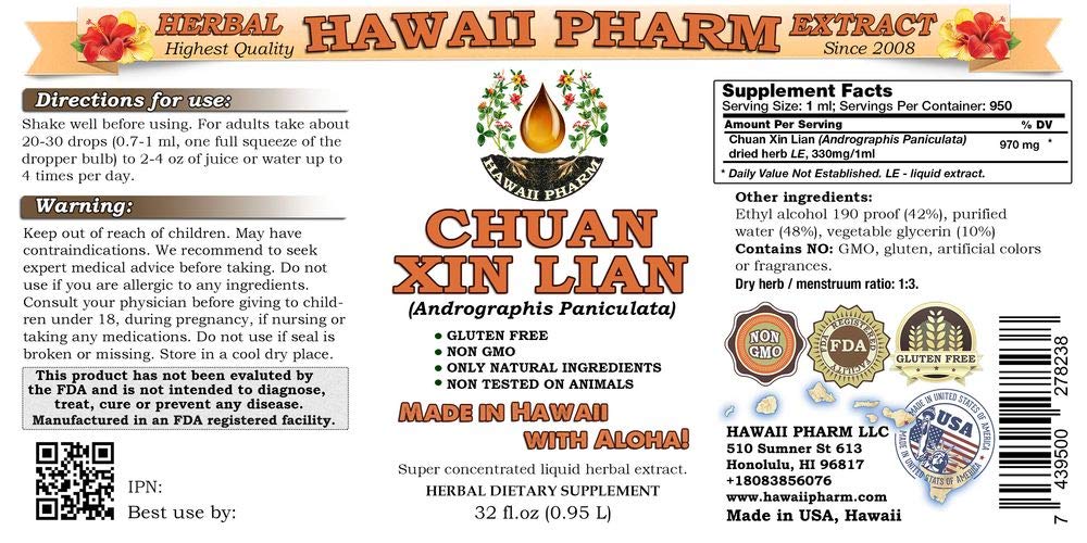 Side view of Hawaii Pharm Andrographis Paniculata 32 Fluid Ounce bottle displaying ingredient transparency facts