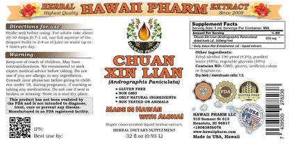 Side view of Hawaii Pharm Andrographis Paniculata 32 Fluid Ounce bottle displaying ingredient transparency facts