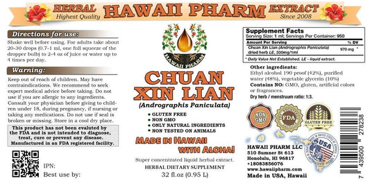 Side view of Hawaii Pharm Andrographis Paniculata 32 Fluid Ounce bottle displaying ingredient transparency facts