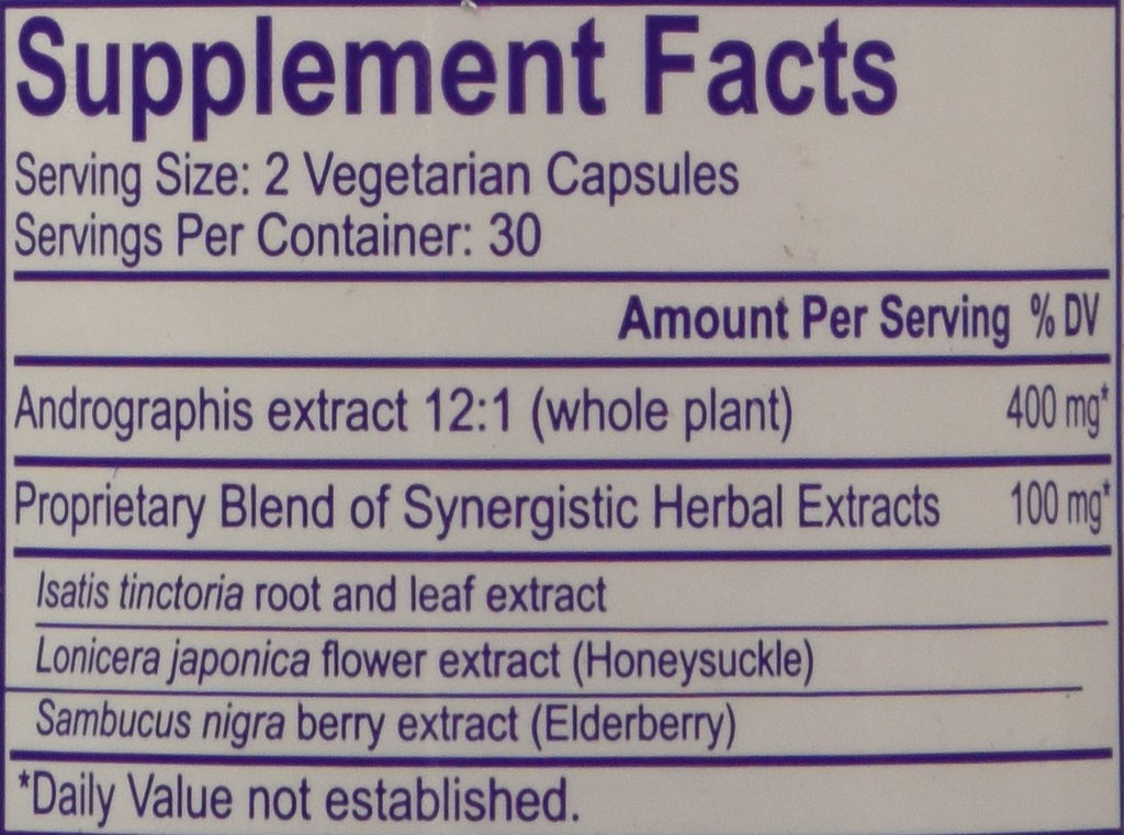 Authentic Paradise Herbs Andrographis plant extract capsules bottle side view with herbal blend details