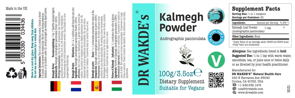 Dr Wakdes Kalmegh Powder back label with usage instructions and dietary information
