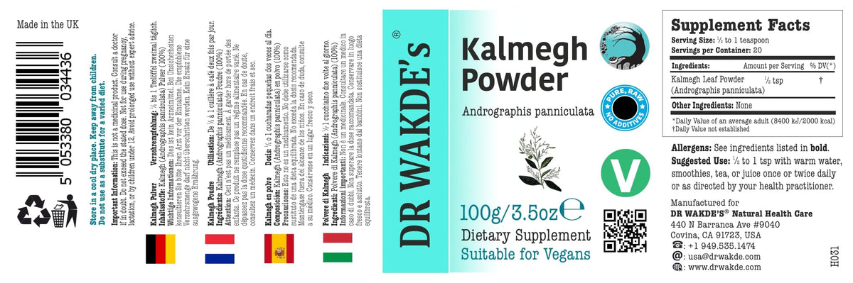 Dr Wakdes Kalmegh Powder back label with usage instructions and dietary information