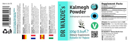 Dr Wakdes Kalmegh Powder back label with usage instructions and dietary information