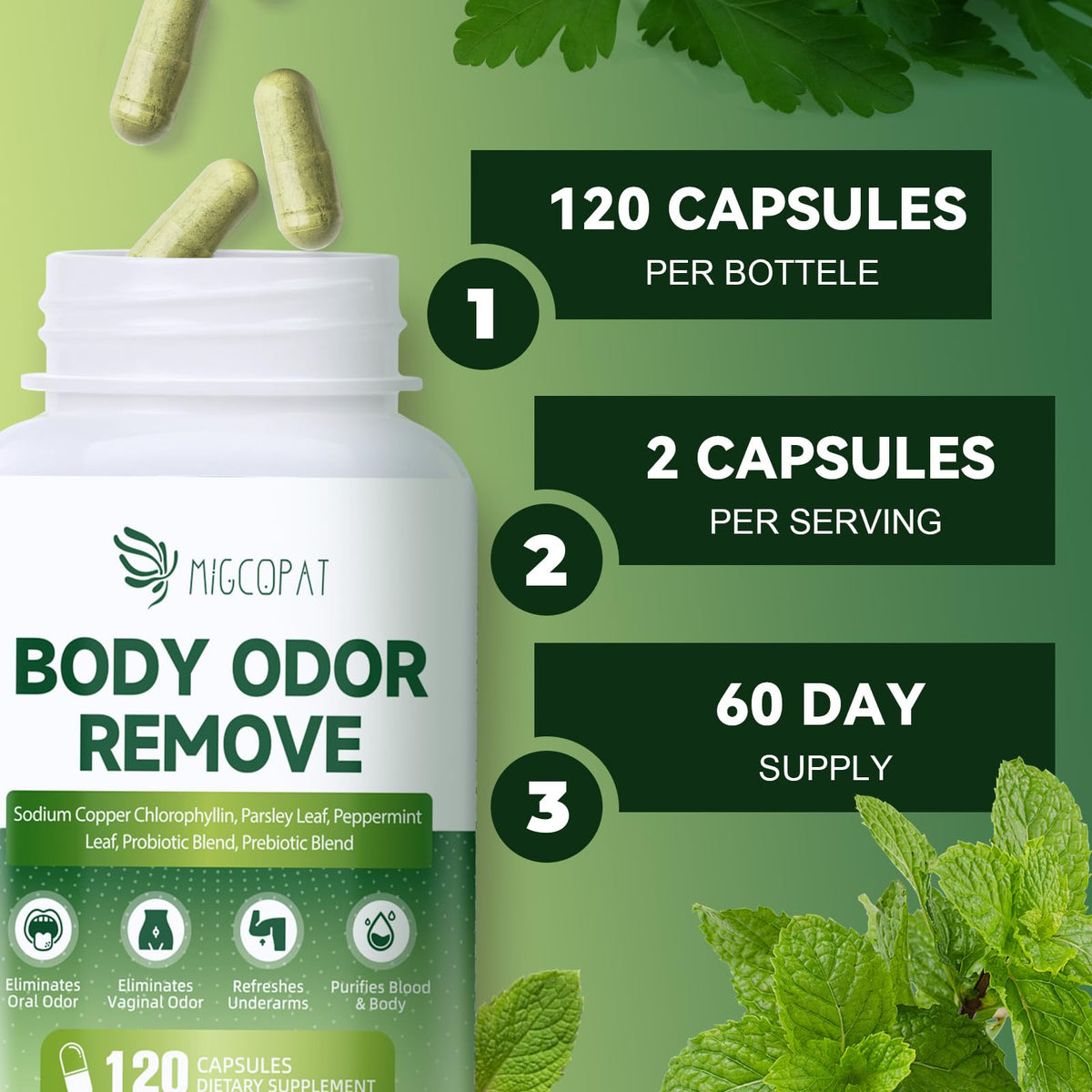 Gluten free flavorless chlorophyll capsules on a clean background highlighting gut health benefits