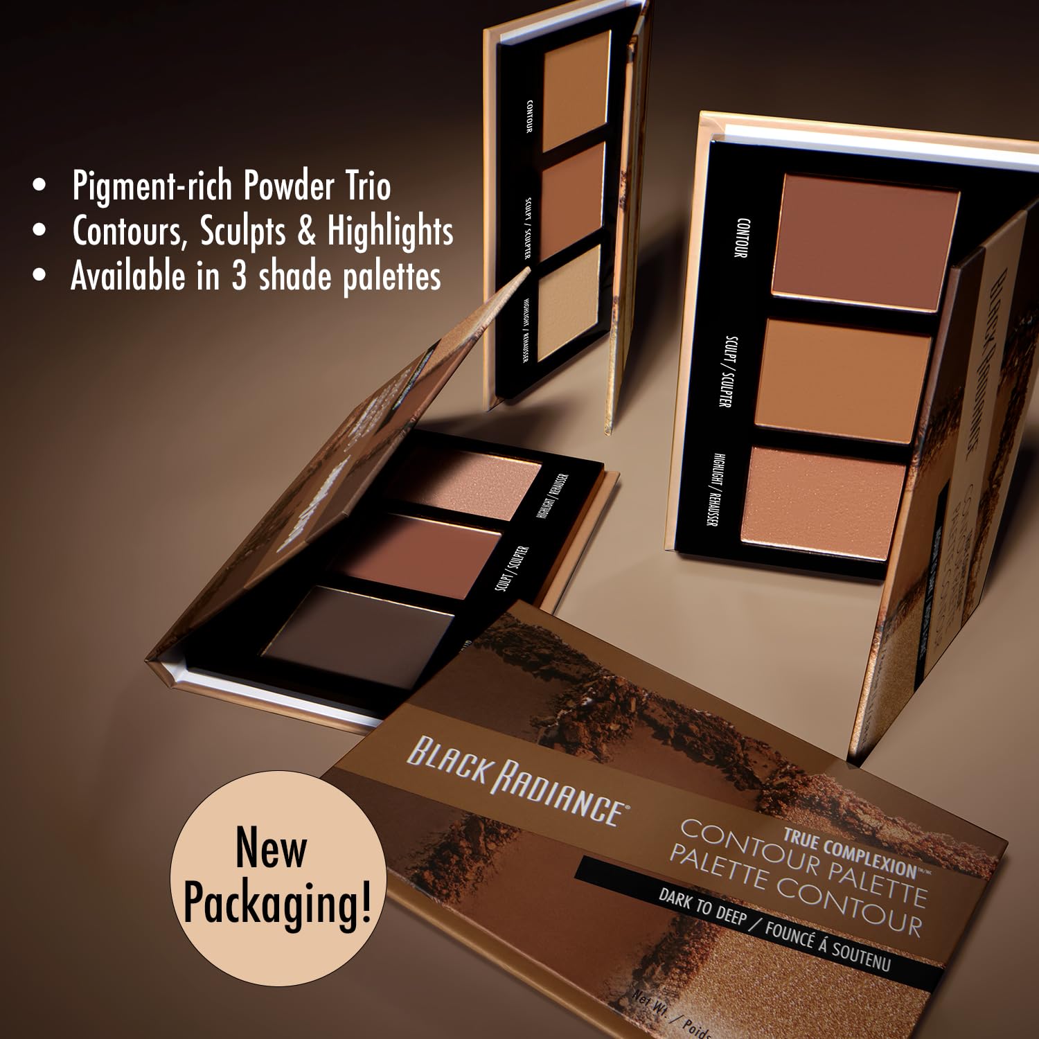 Black Radiance True Complexion Contour Palette open showing three powders