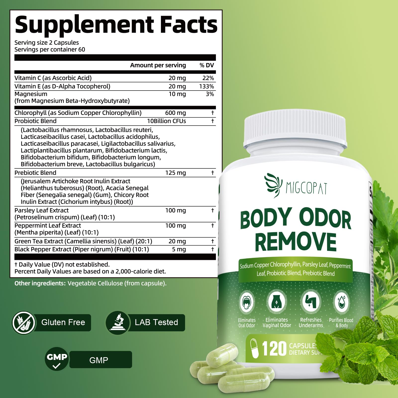 Migcopat complete body deodorizer and prebiotic blend bottle showing one hundred twenty veggie capsules