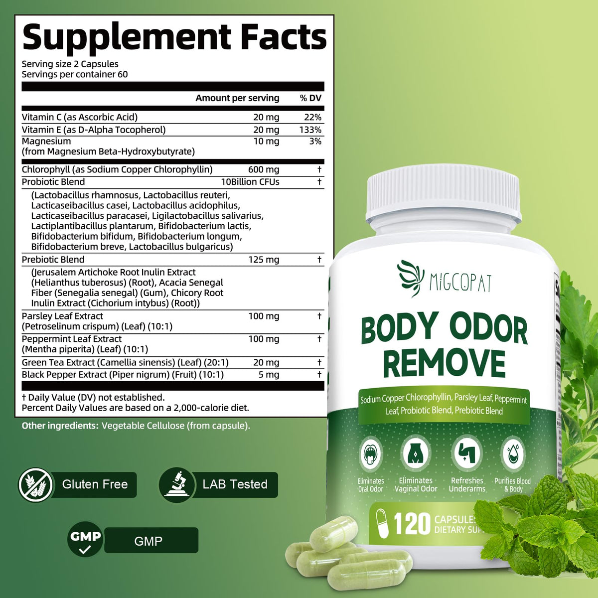 Migcopat complete body deodorizer and prebiotic blend bottle showing one hundred twenty veggie capsules