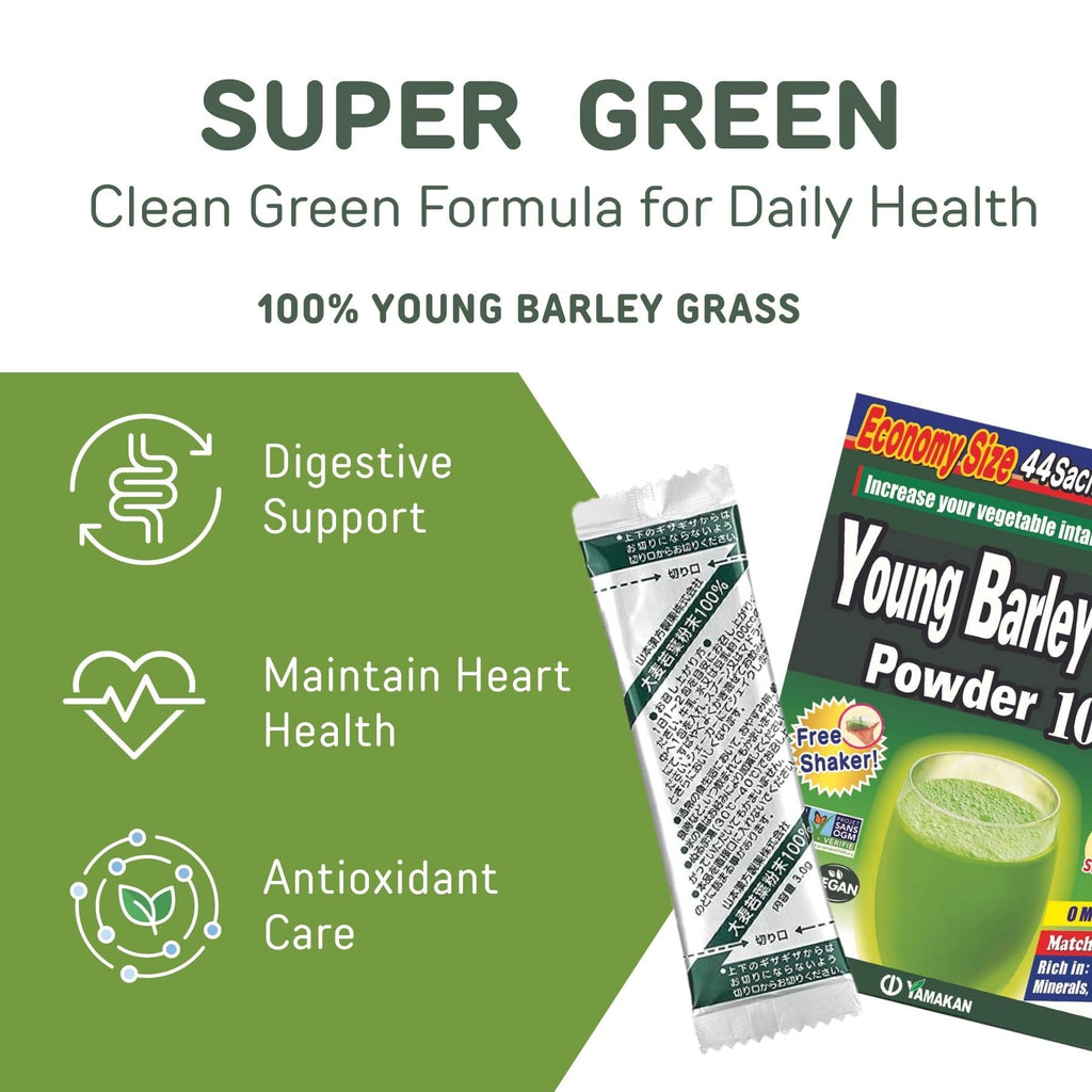 Yamamoto Kanpoh pure green superfood packaging details showing non-GMO and gluten-free certification labels.
