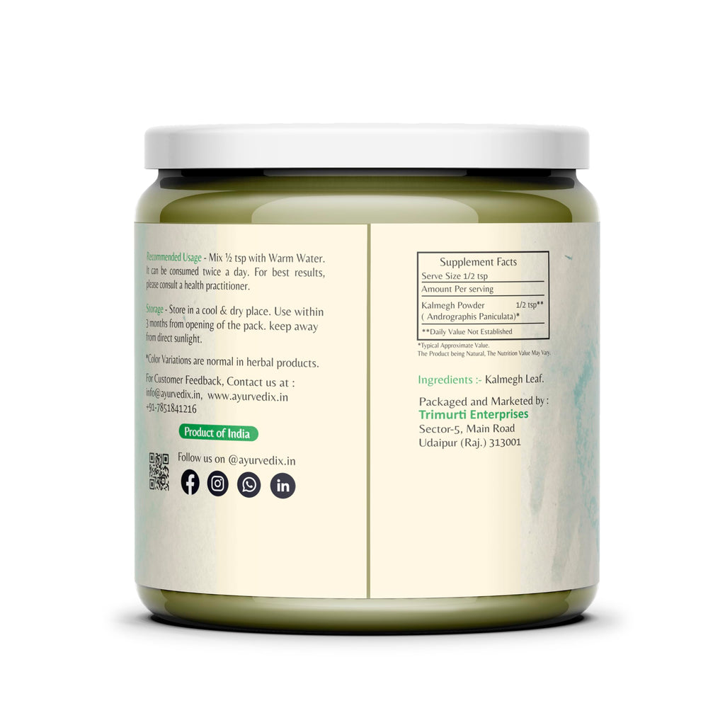 Organic Andrographis paniculata herbal powder jar displaying ingredient purity details.