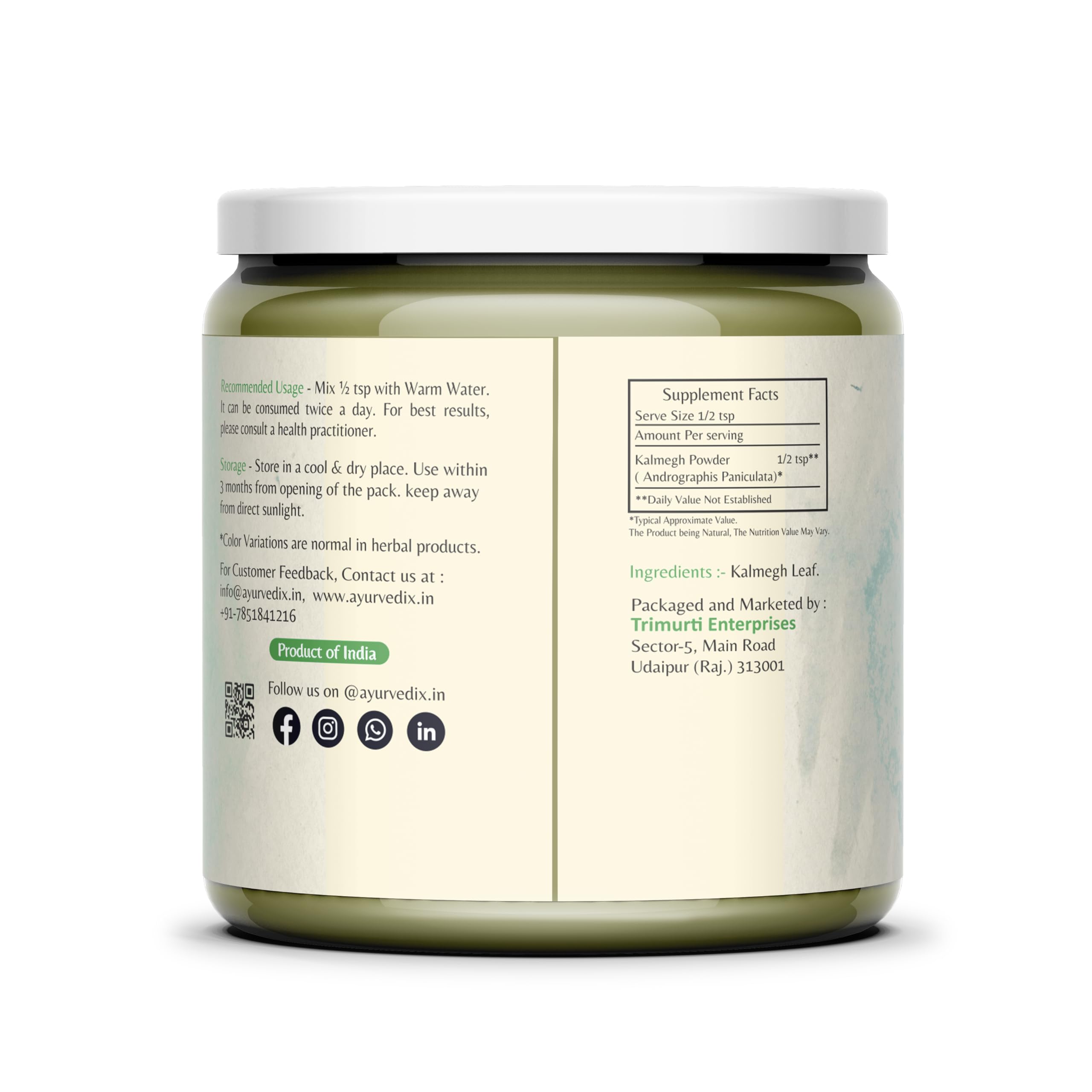 Organic Andrographis paniculata herbal powder jar displaying ingredient purity details.