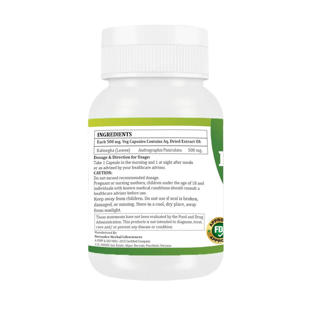 Morsan Healthcare Kalmegha herbal supplement bottle demonstrating the 100% vegetarian and gluten-free product seals.