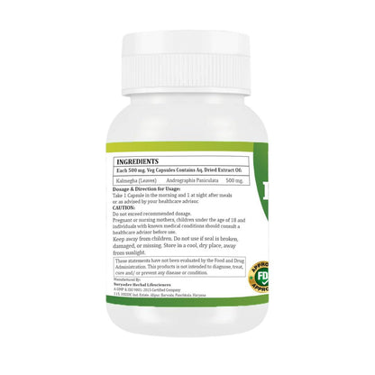 Morsan Healthcare Kalmegha herbal supplement bottle demonstrating the 100% vegetarian and gluten-free product seals.
