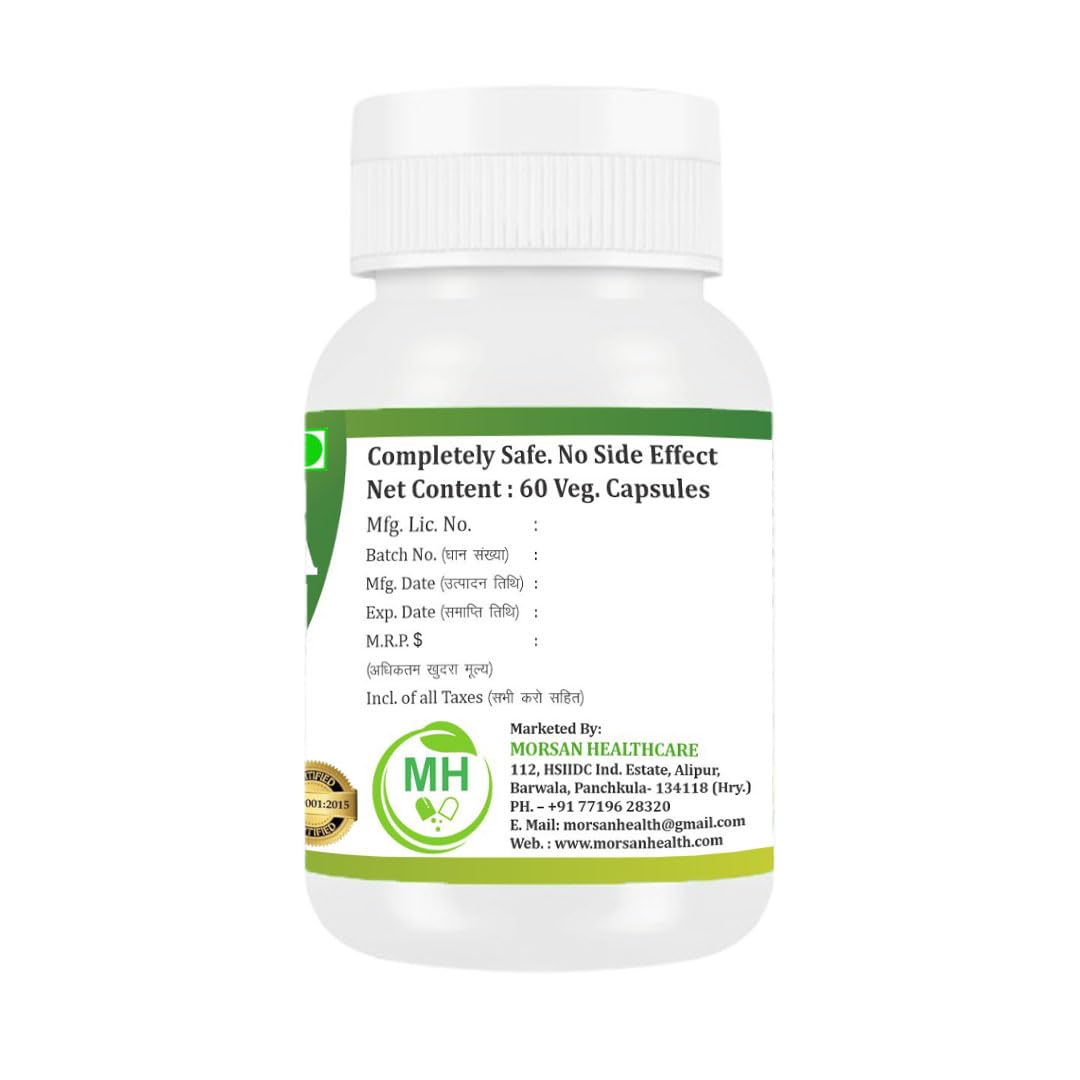 Side view of Morsan Nutraveda Kalmegha dietary supplement highlighting the ingredient profile and directions for daily usage.