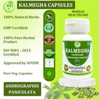 Close-up shot of Morsan Nutraveda Kalmegh plant-based bottle emphasizing liver detox and immune support product features.