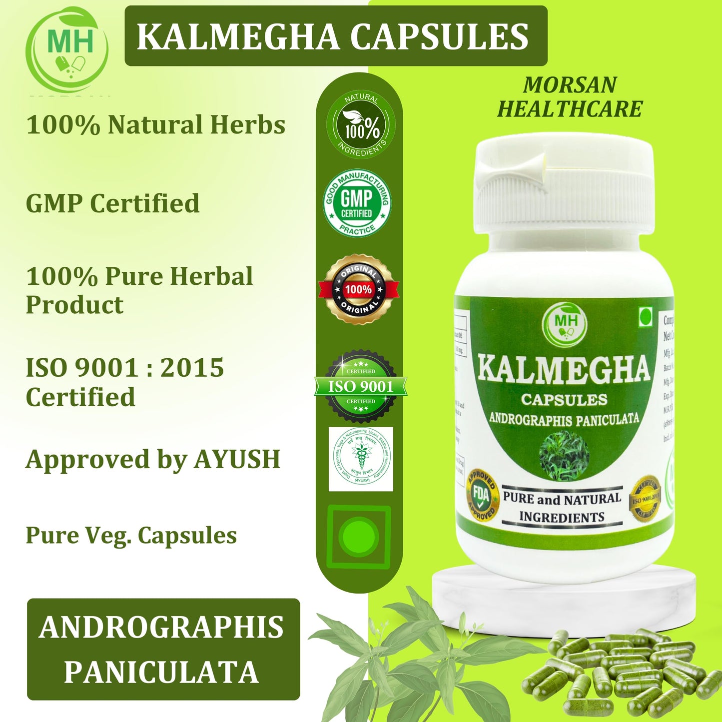 Close-up shot of Morsan Nutraveda Kalmegh plant-based bottle emphasizing liver detox and immune support product features.