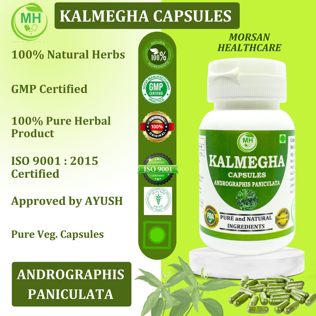 Close-up shot of Morsan Nutraveda Kalmegh plant-based bottle emphasizing liver detox and immune support product features.