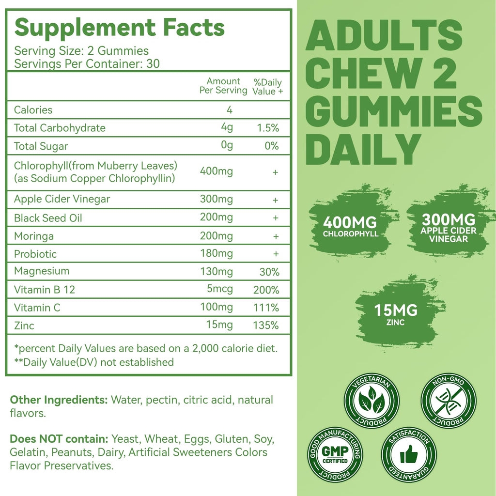 Sixty chewable vegan green chlorophyll gummies for immunity and detox side view