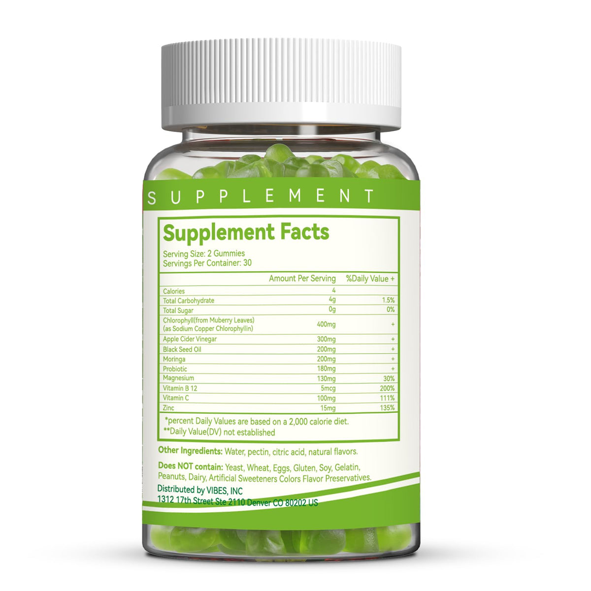 Sugar free chlorophyll gummies with zinc and vitamin B12 ingredient callouts