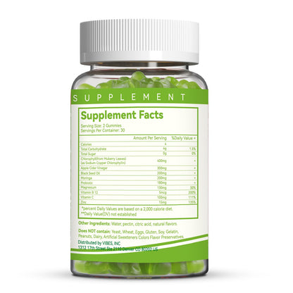 Sugar free chlorophyll gummies with zinc and vitamin B12 ingredient callouts