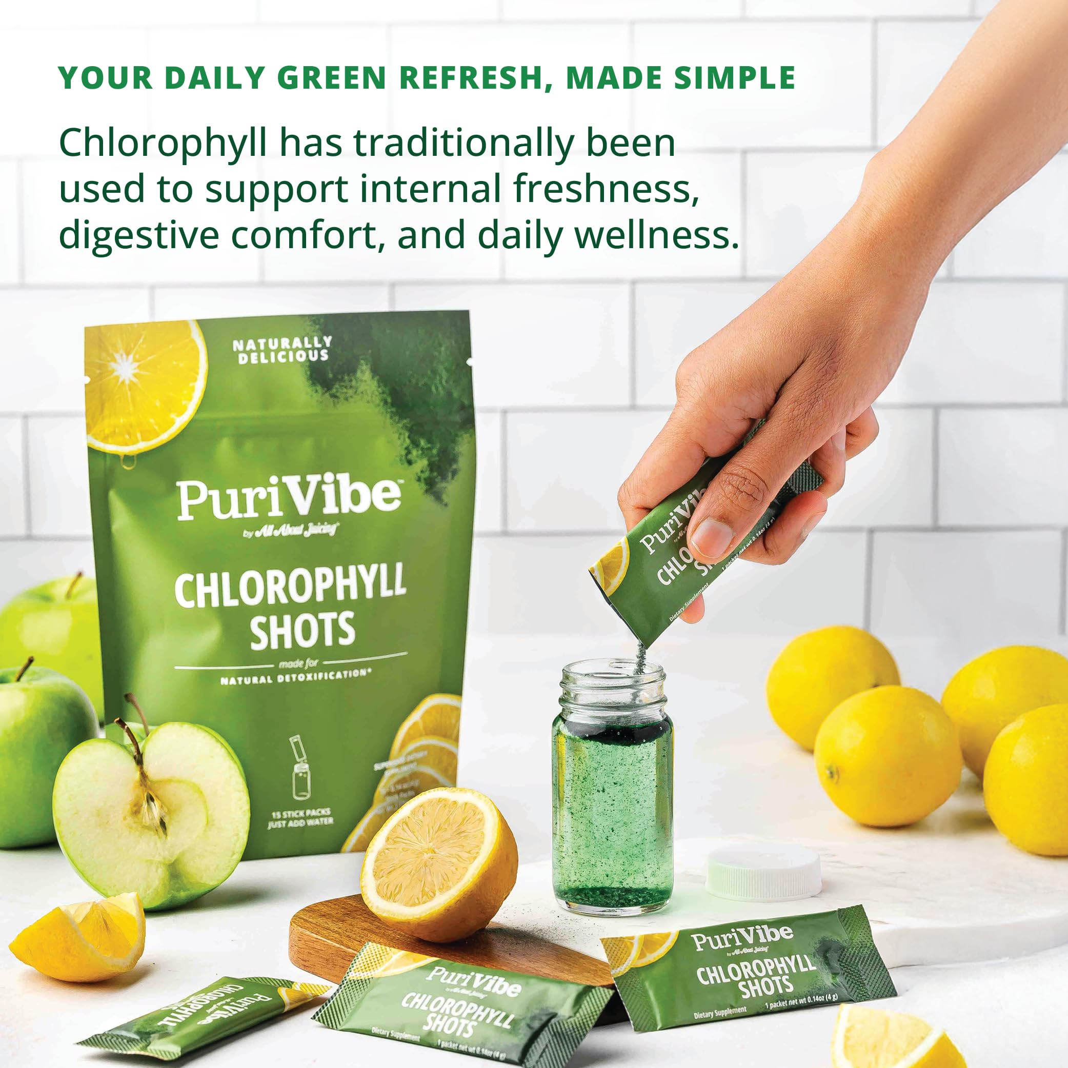 All About Juicing Chlorophyll powder drink stick packs for daily gut health supplement