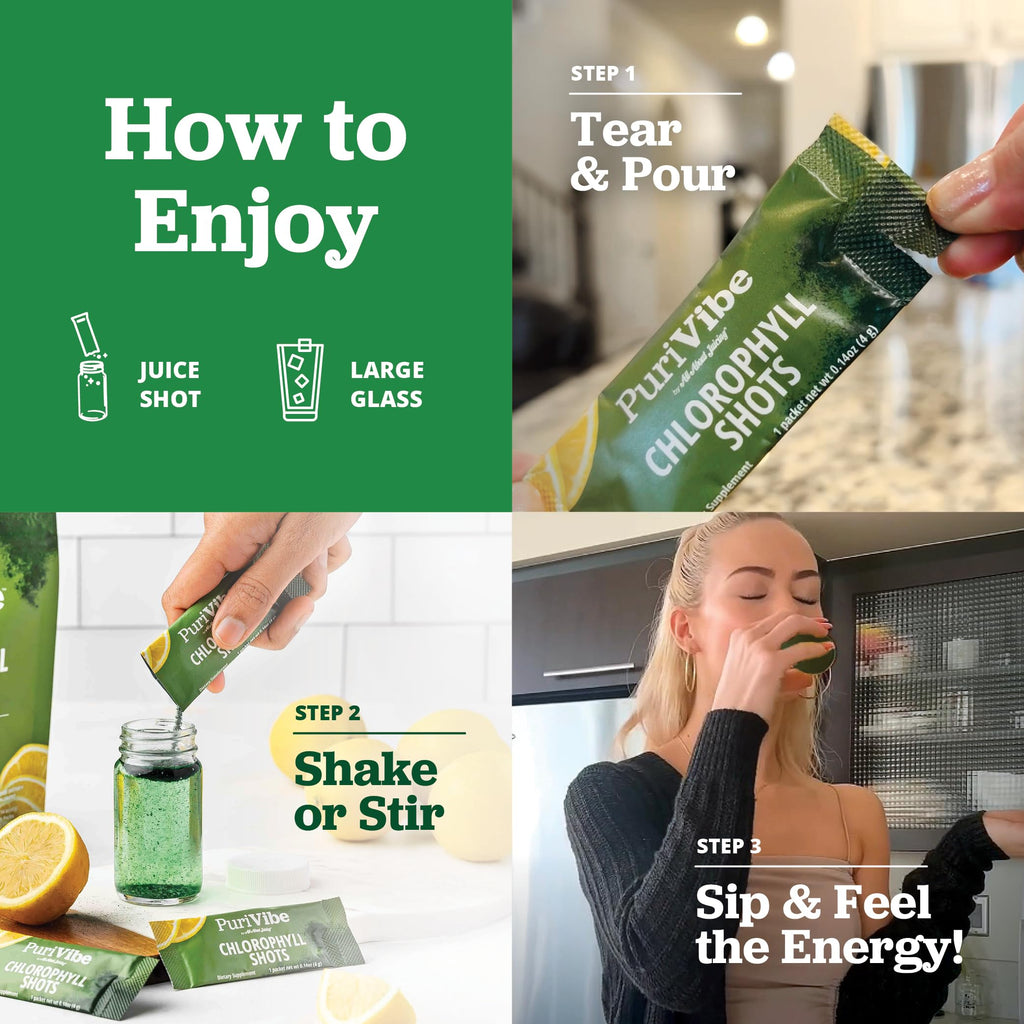 PuriVibe Chlorophyll and lemon juice shots supplement facts and ingredient label details