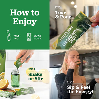 PuriVibe Chlorophyll and lemon juice shots supplement facts and ingredient label details