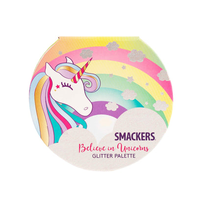 Close up of unicorn themed makeup palette textures