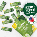 Premium chlorophyll powder drink mix lifestyle view showing easy preparation steps