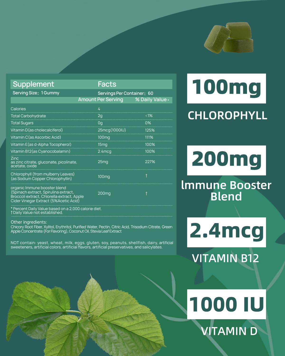 Sugar free green apple flavor chlorophyll gummies for natural body odor control.