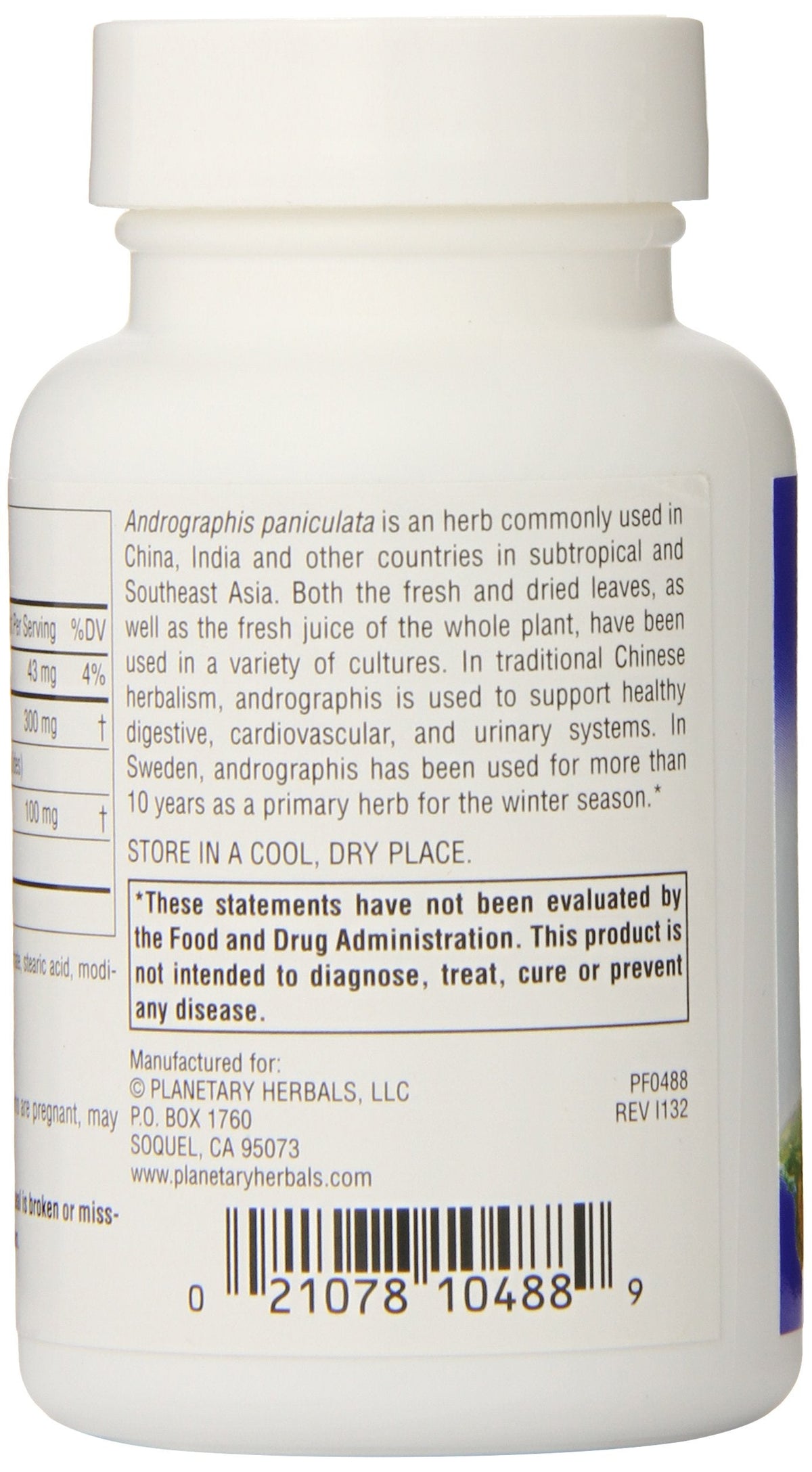 Close up of the ingredient list on the Planetary Herbals Andrographis 120 tablets bottle highlighting andrographolides.