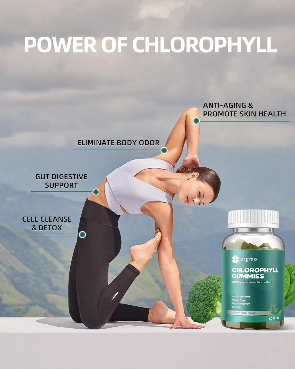 Vegan non GMO chlorophyll detox gummies packaging highlighting immune and digestion support.
