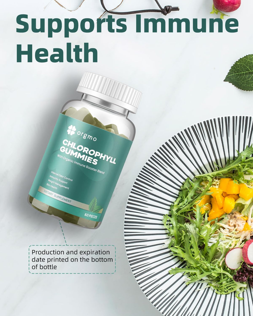 Supergreen blend chlorophyll chewable vitamins for healthy skin and daily energy boost.