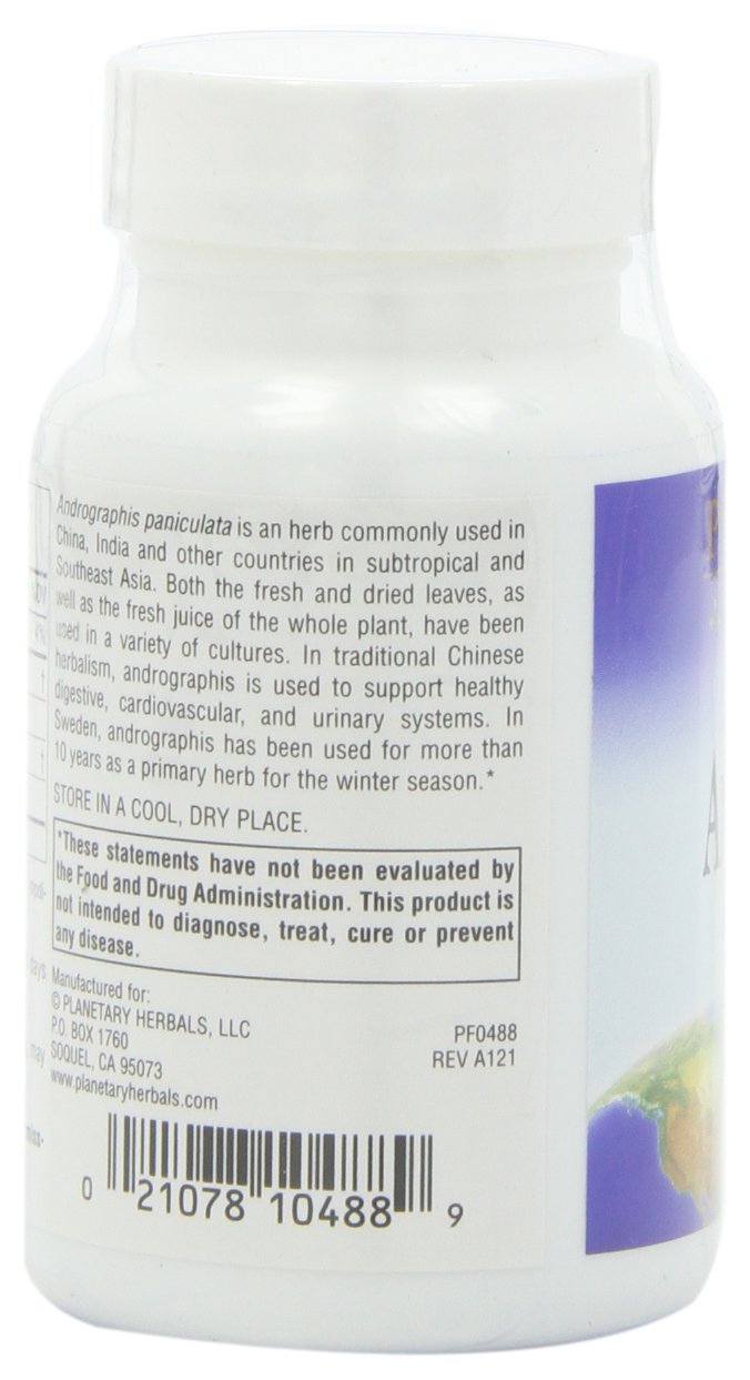 Side profile of Planetary Herbals Full Spectrum Andrographis bottle displaying premium standardized herbal extract details.