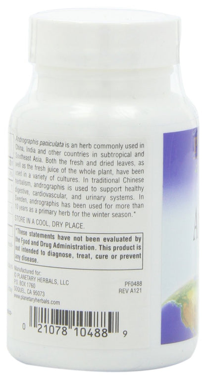 Side profile of Planetary Herbals Full Spectrum Andrographis bottle displaying premium standardized herbal extract details.