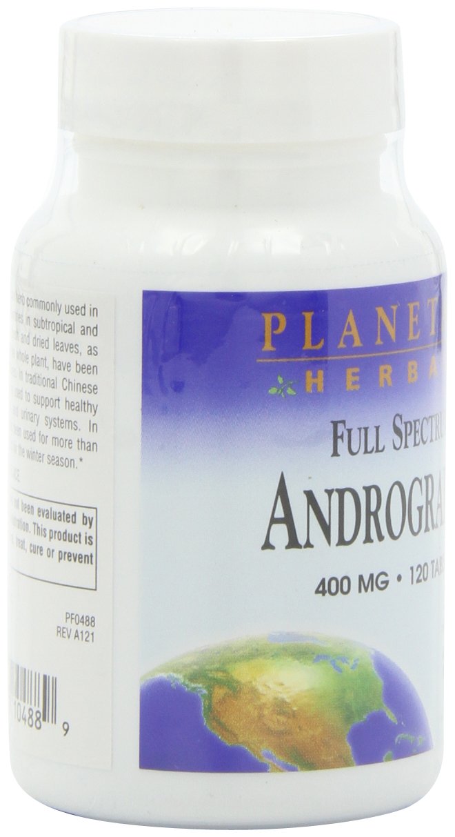 Packaging of Planetary Herbals Andrographis tablets showing professional herbalist approval and formulation details.