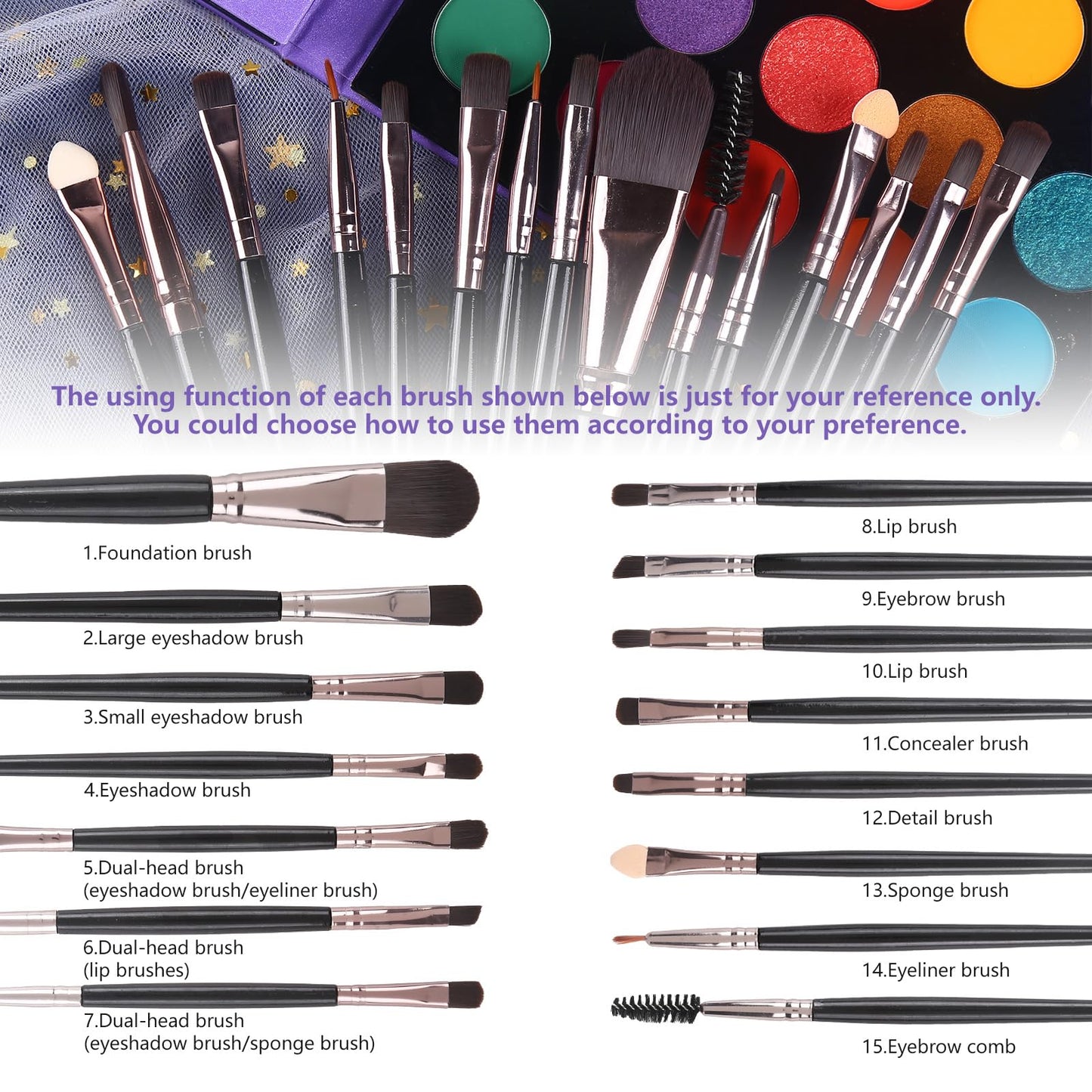 Top down view of UCANBE 86 color makeup set with brushes
