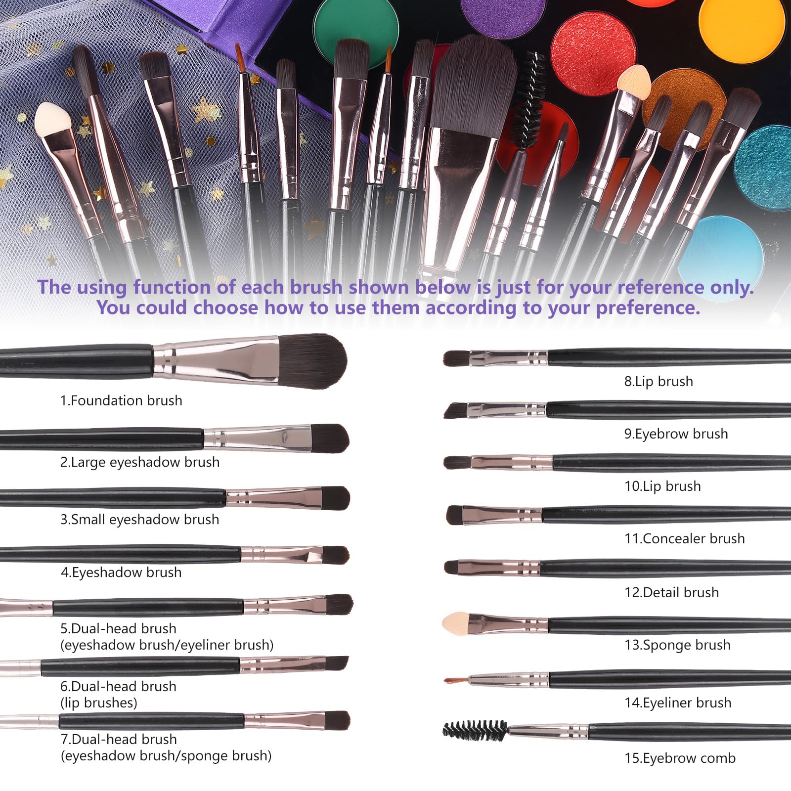 Top down view of UCANBE 86 color makeup set with brushes